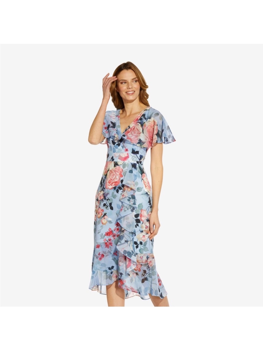 Adrianna Papell Powder Blue Floral Wrap Midi Dress size2